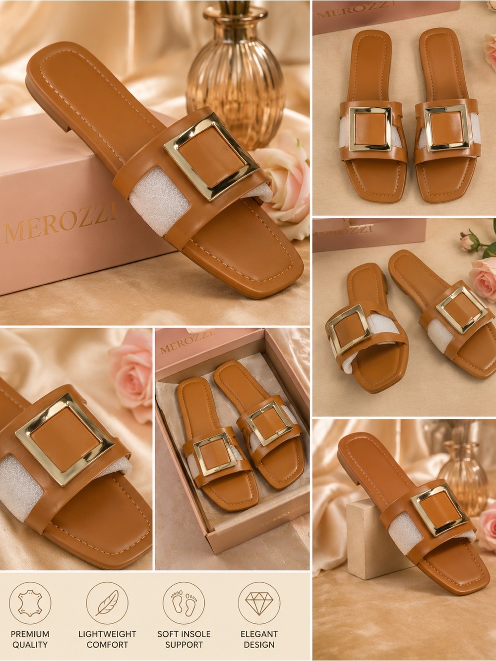 Tan Slide Sandals with Gold Buckle